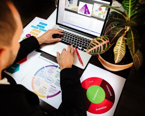 marketing product manager holding marketing promotion plan marketing product manager desk. Marketing mix plan for target market.